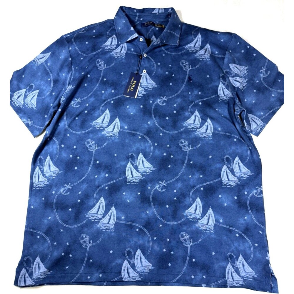 Polo Ralph Lauren Mens 2XLT NWT Blue Nautical Sailboat Anchor Mesh Polo Shirt BT